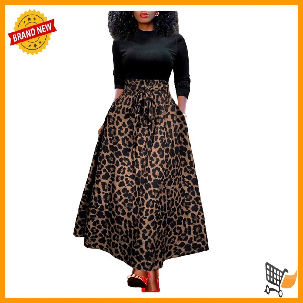 Leopard Print Maxi Skirt Boho Casual High Waisted Flowy Long Skirt Animal